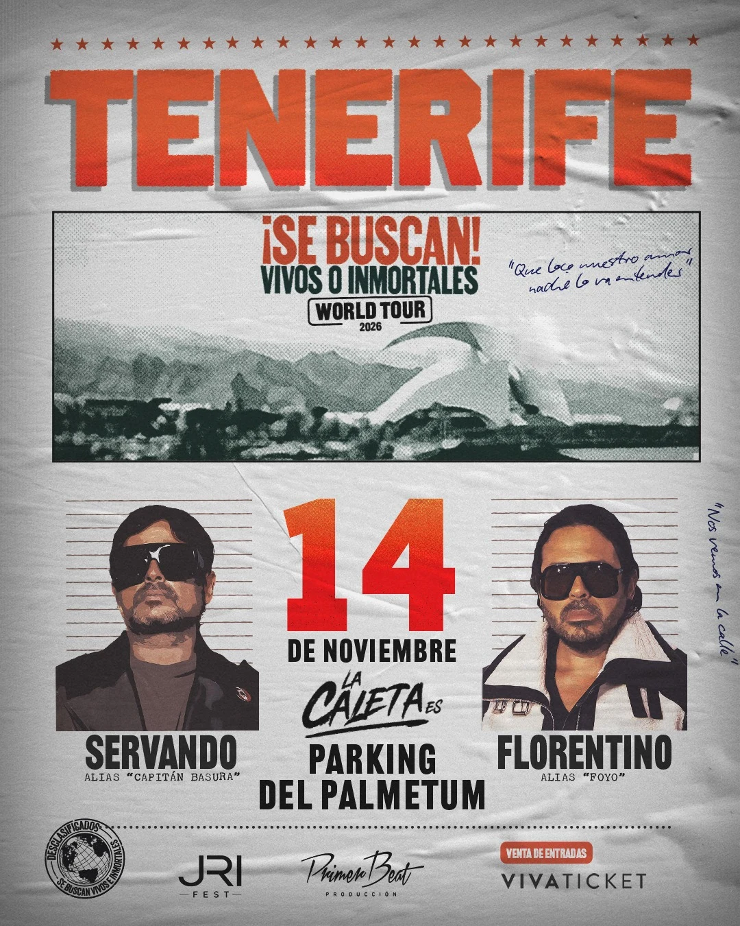 Cartel de Servando y Florentino en Tenerife: 14 de noviembre de 2026, Parking del Palmetum, World Tour ¡Se buscan! Vivos o inmortales